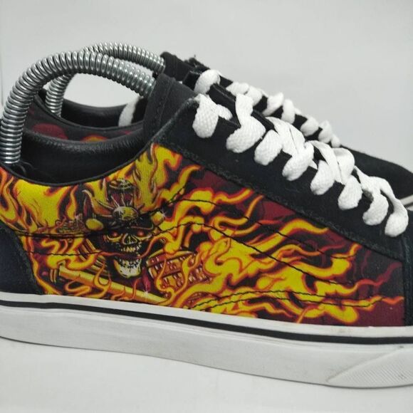 Vans Off The‎ Wall Skate Shoes Mens Size 8 Flames Skull Orange Black Sneakers - Picture 3 of 9